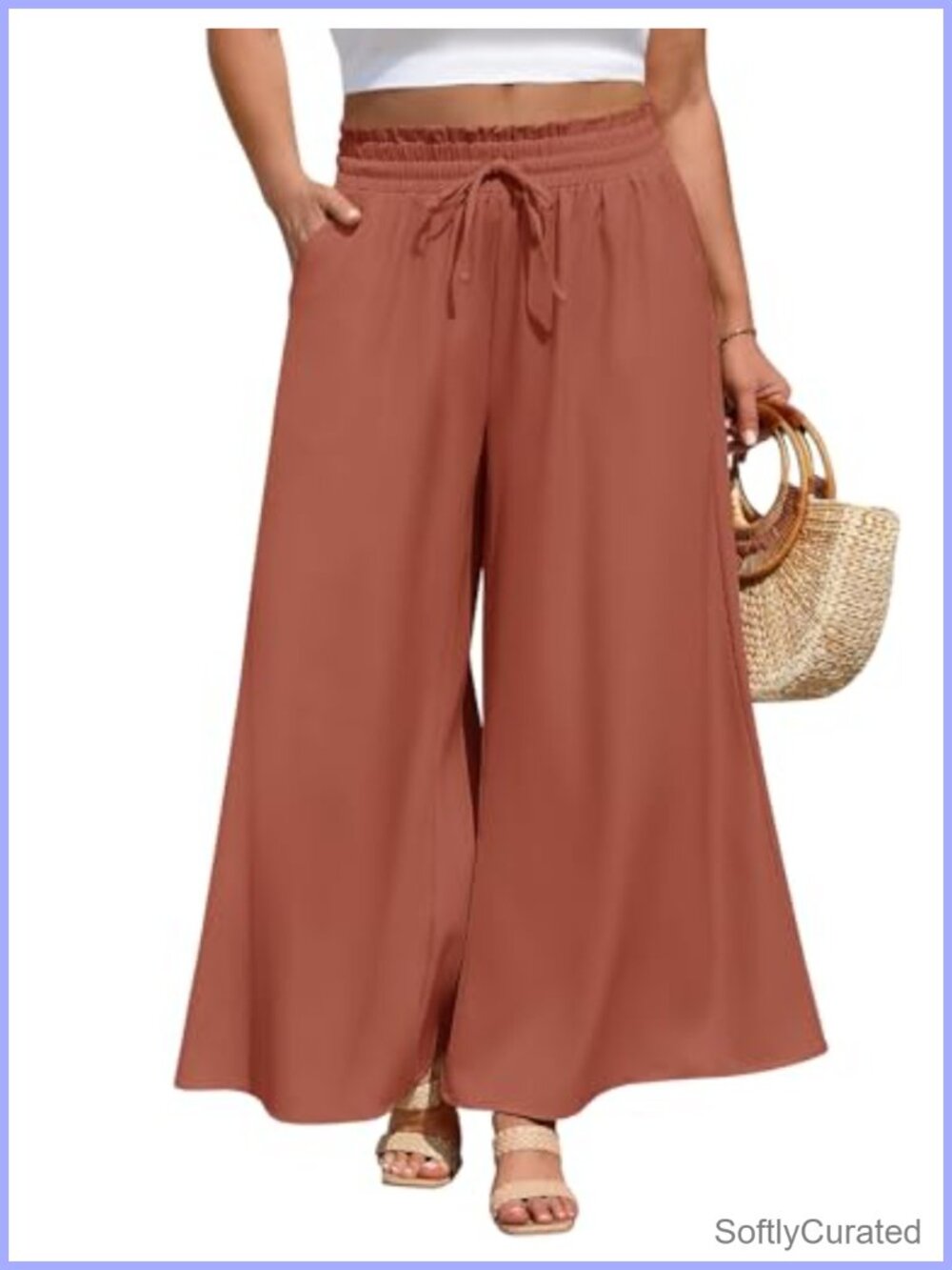 Plus Size Wide Leg Palazzo Pants Stretchy High Waist Culottes Pockets